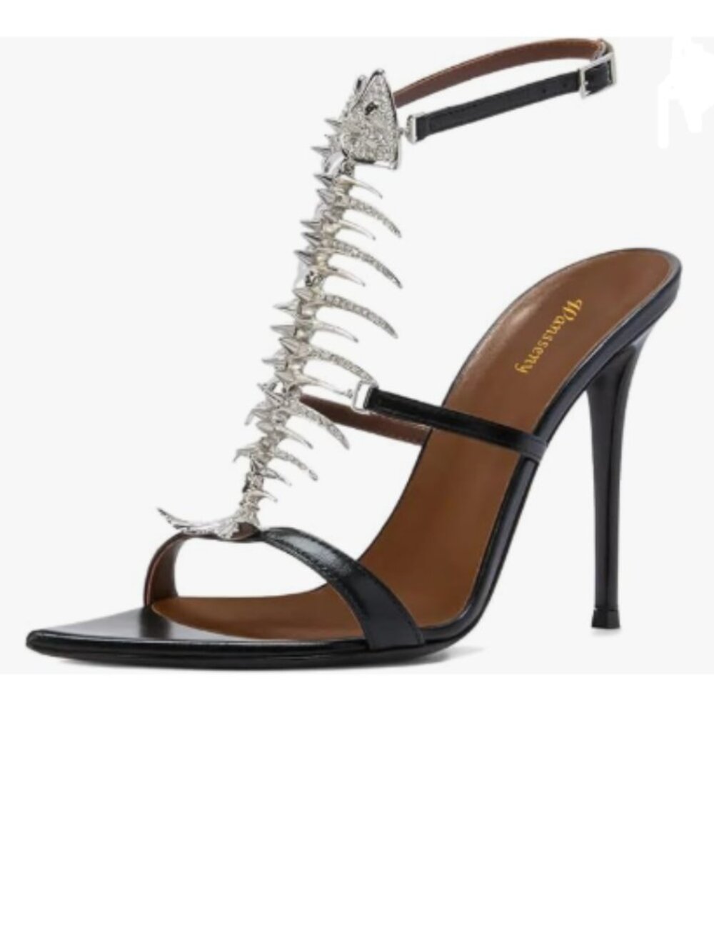 Wansseny Black Open Toe Fishbone Rhinestones Ankle Strap Stiletto Heels Sandals
